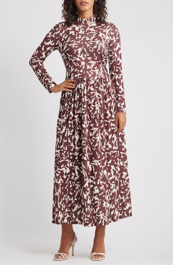 パーカー レディース トップス ワンピース モックネック プリント マキシ Parker Printed Mock Neck Long Sleeve Maxi Dress Rum Raisin