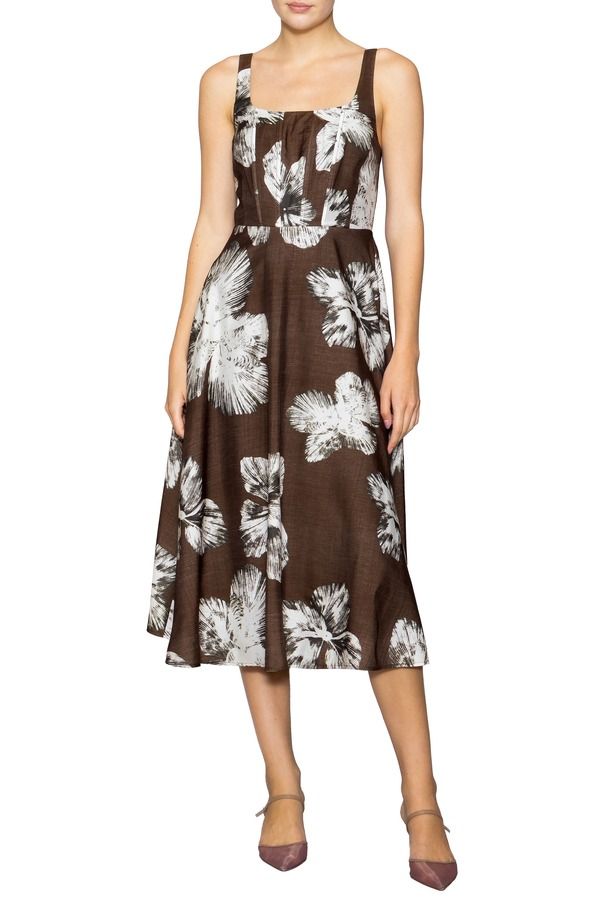 メロデイ レディース トップス ワンピース フラワー柄 プリント ミディ ノースリーブ フラワー MELLODAY Floral Print Sleeveless Midi Dress Brown Floral ブラウン