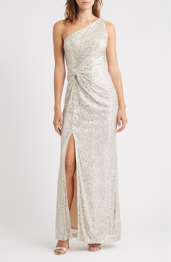 エリザジェイ レディース トップス ワンピース ワンショルダー スパンコール Eliza J Sequin OneShoulder Sheath Gown Silver シルバー