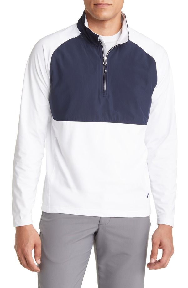 カッターアンドバック メンズ アウター パーカー・スウェット ハーフジップ Cutter Buck Adapt Hybrid Quarter Zipullover White Navy Blue ホワイト