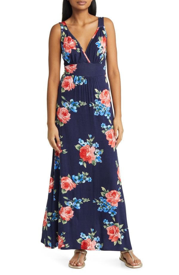 ラブアペラ レディース トップス ワンピース Vネック フラワー柄 ニット マキシ フラワー Loveappella Floral Surplice VNecknit Maxi Dress Navy Red ネイビー