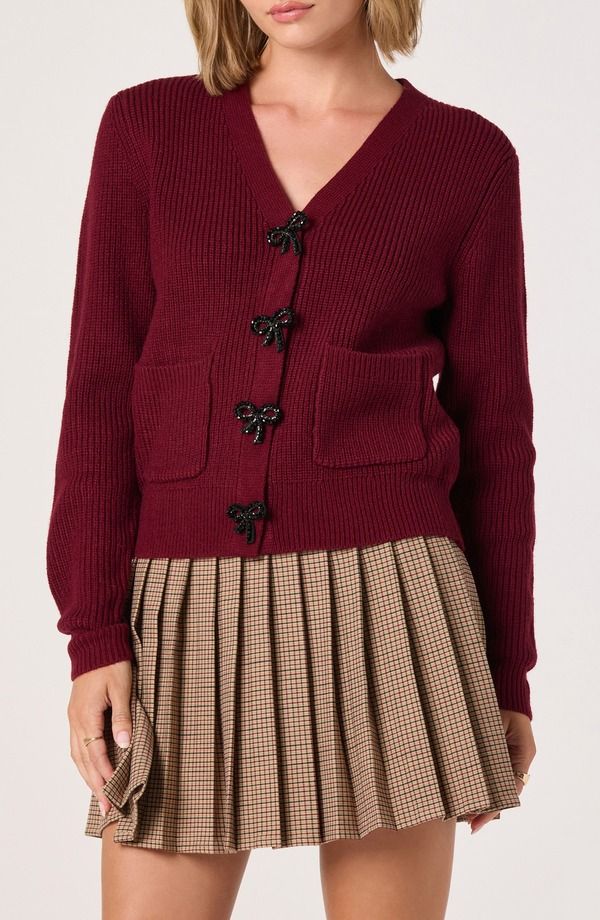 アストール レディース アウター パーカー・スウェット カーディガン ASTR the Label Crystal Embellished Bow Detail Cardigan Burgundy バーガンディ