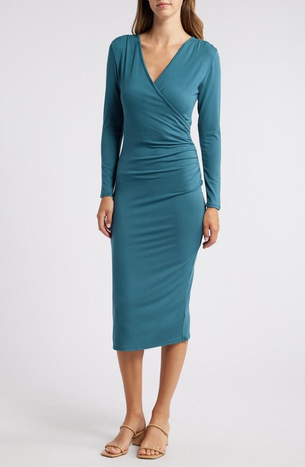 ラブアペラ レディース トップス ワンピース ミディ Loveappella Long Sleeve Faux Wrap Midi Dress Dark Teal ティール