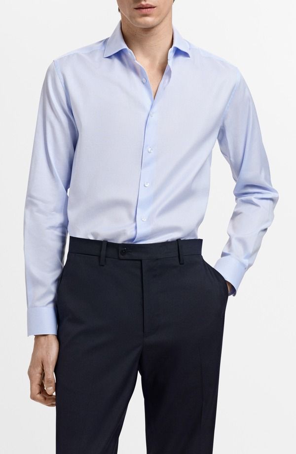 マンゴ メンズ トップス シャツ スリムフィット コットン MANGO Slim Fit Cotton Suit ButtonUp Shirt Sky Blue ブルー