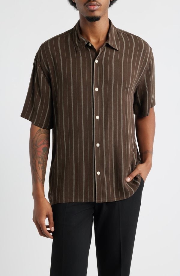 オープンエディット メンズ トップス シャツ Open Edit Stripe Short Sleeve ButtonUp Shirt Brown Kiyoshi Stripe ブラウン