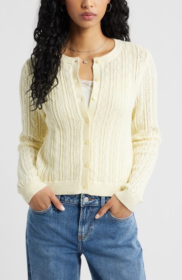 ビーピー レディース アウター パーカー・スウェット カーディガン ニット BP Pointelle Knit Cardigan Yellow Frost イエロー