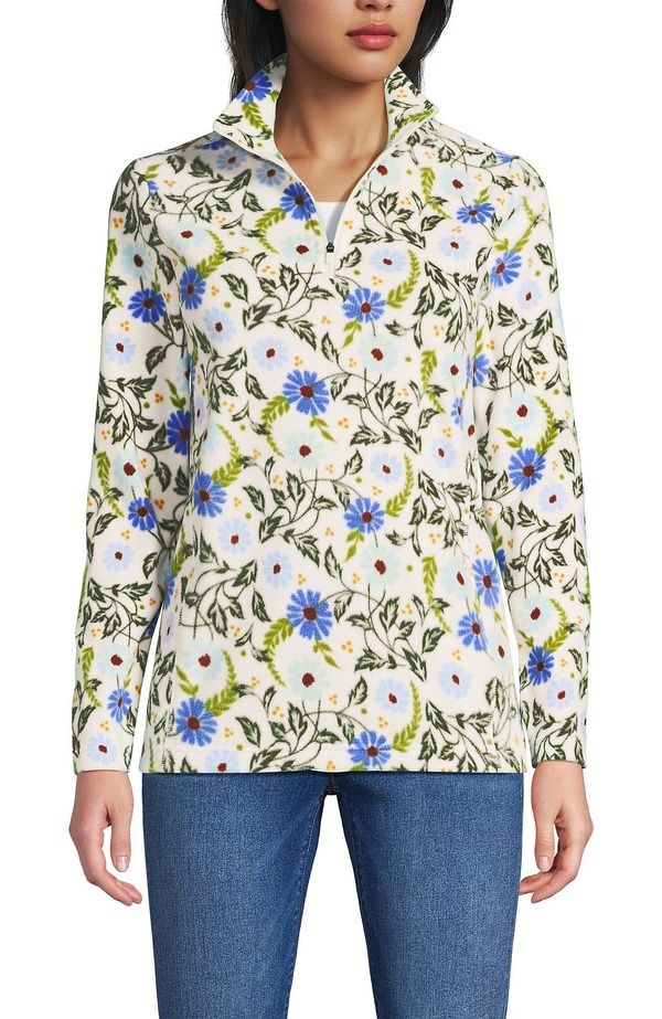 ランズエンド レディース アウター パーカー・スウェット ハーフジップ フリース Lands End Anyweather Fleece Quarter Zipullover Blue Allover Floral ブルー