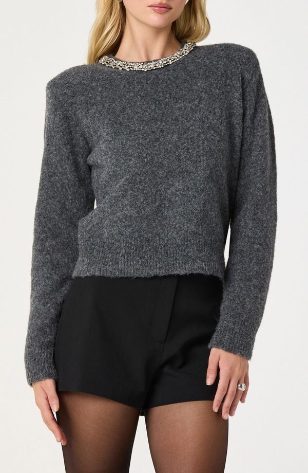 アストール レディース アウター パーカー・スウェット クルーネック セーター ASTR the Label Embellished Collar Crewneck Sweater Charcoal Grey チャコール