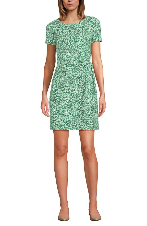 ランズエンド レディース トップス ワンピース ミニ コットン Lands End Short Sleeve Cotton Modal Wrap Mini Dress Vibrant Clover Blossoms