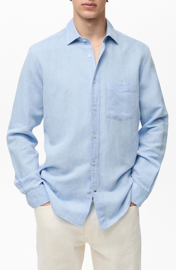 マンゴ メンズ トップス シャツ コットン リネン MANGO Classic Fit Linen Cotton ButtonUp Shirt Sky Blue ブルー