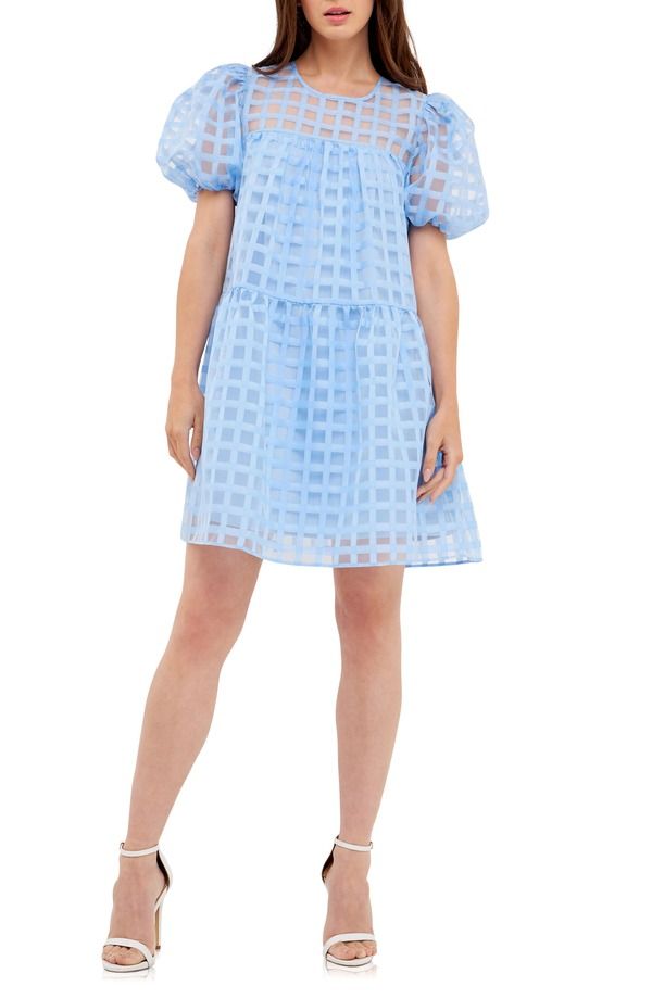 イングリッシュファクトリー レディース トップス ワンピース English Factory Gridded Puff Sleeve Dress Ocean Blue ブルー