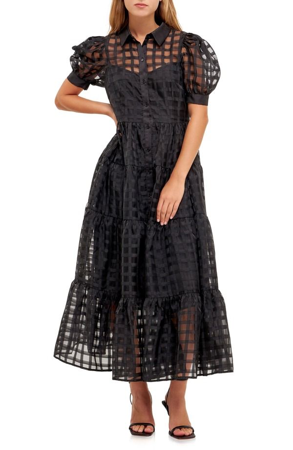 イングリッシュファクトリー レディース トップス ワンピース ティアード ミディ シャツ English Factory Grid Pattern Tiered Midi Shirtdress Black ブラック