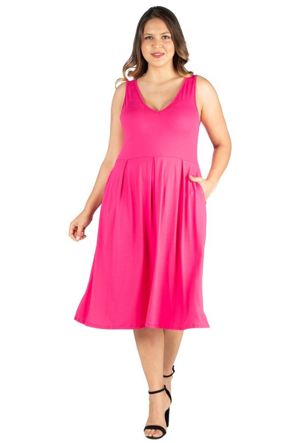24 セブンコンフォート レディース トップス ワンピース プラスサイズ ミディ ノースリーブ 24seven Comfort Apparel Plusize Sleeveless Midi Fit and Flare Pocket Dress Pink ピン