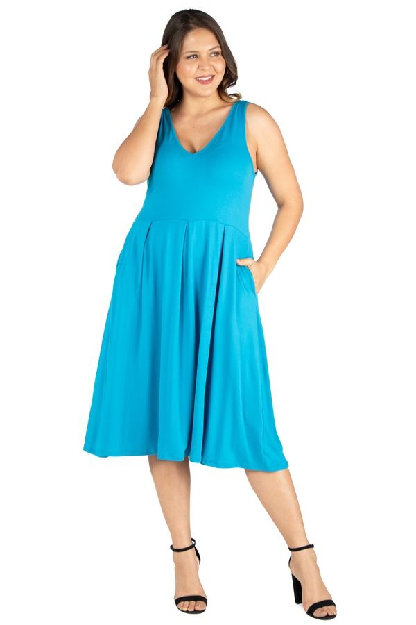 24 セブンコンフォート レディース トップス ワンピース プラスサイズ ミディ ノースリーブ 24seven Comfort Apparel Plusize Sleeveless Midi Fit and Flare Pocket Dress Turquoi