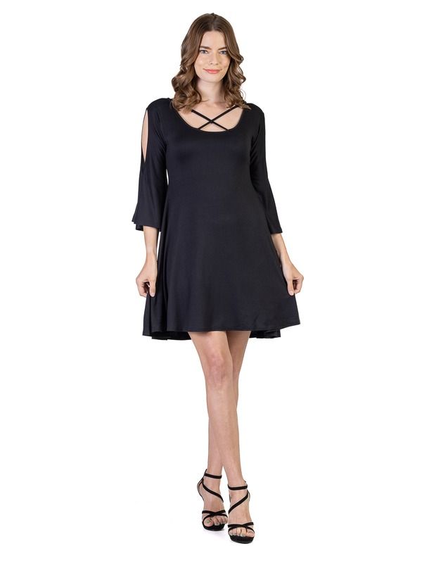 24 セブンコンフォート レディース トップス ワンピース ひざ丈 24seven Comfort Apparel Knee Length Cold Shoulder Dress Black ブラック