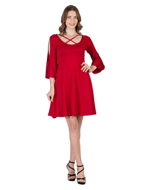 24 セブンコンフォート レディース トップス ワンピース ひざ丈 24seven Comfort Apparel Knee Length Cold Shoulder Dress Red レッド