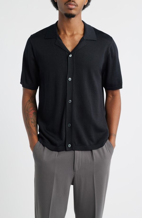 オープンエディット メンズ アウター パーカー・スウェット セーター Open Edit Camp Short Sleeve Button Up Sweater Black Caviar ブラック