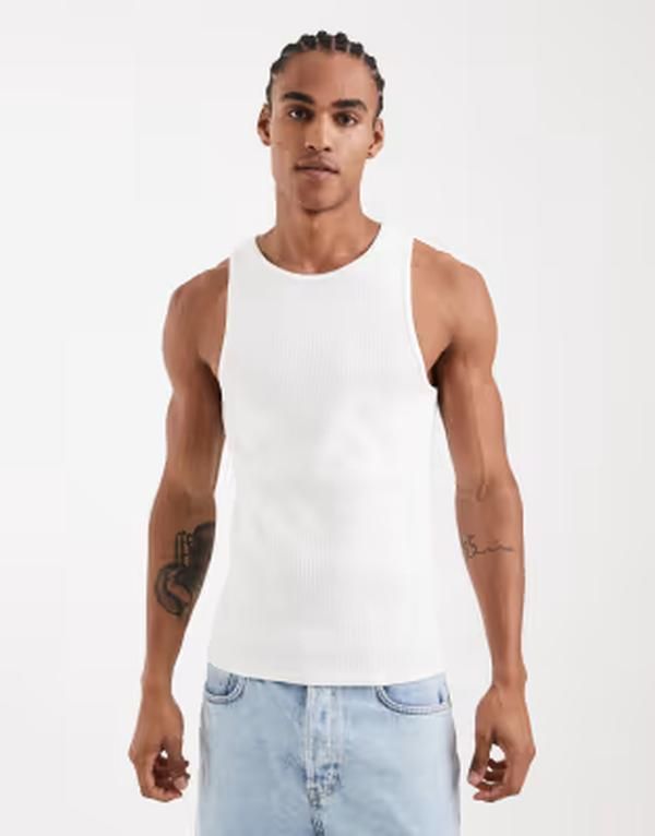 エイソス メンズ トップス ベスト リブニット ASOS DESIGN super heavyweight muscle fitank top withigh scoop neck rib knit WHITE ホワイト