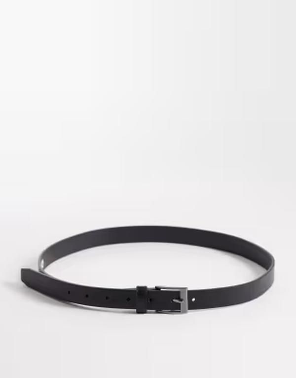 エイソス メンズ アクセサリー ベルト レザー フェイクレザー ASOS DESIGN faux leather skinny belt with gunmetal buckle Black ブラック
