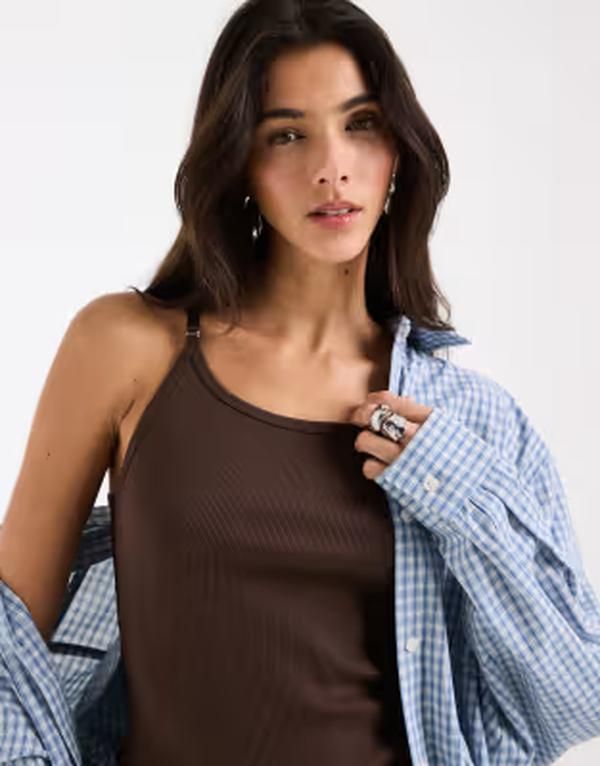 エイソス レディース トップス ベスト リブ ASOS DESIGN strap detail ribbed scoop neck tank top in chocolate チョコレート