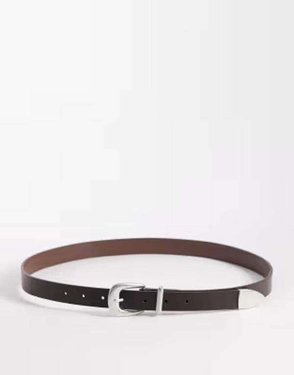 エイソス メンズ アクセサリー ベルト ASOS DESIGN skinny belt with silver curve buckle and metal tip BROWN ブラウン
