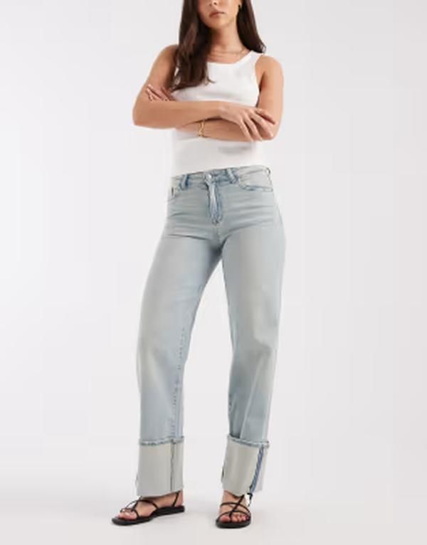 ピーシーズ レディース ボトムス デニムパンツ ワイドレッグ ジーンズ Pieces wide leg fold up jeans in light blue wash Light Blue Denim デニム