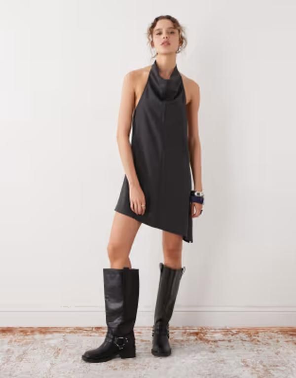ウィークデイ レディース トップス ワンピース ドレープ ミニ ホルター Weekday drape halter mini dress with low back pinstripe Black pinstripe ブラック