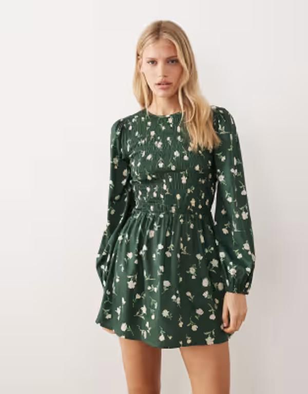 ウェンズデーガール レディース トップス ワンピース フラワー柄 プリント ミニ フラワー Wednesdays Girl shirred long sleeve floral print mini dress GREEN グリーン