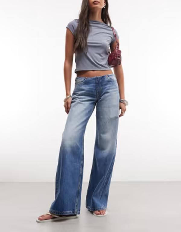 モンキ レディース ボトムス デニムパンツ ワイドレッグ ジーンズ Monki Paz wide leg jeans without waistband in denim Blue デニム