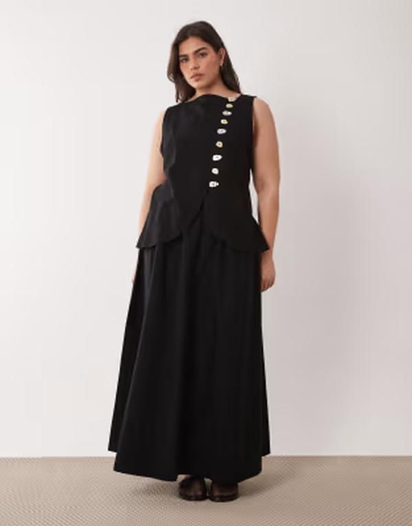 エイソス レディース トップス ワンピース ベスト スカート リネン マキシ ASOS Curve ASOS DESIGN Curve linen look vest maxi dress with poplin skirt Black ブラック