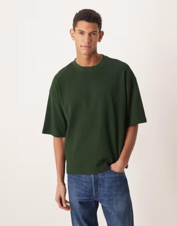 エイソス メンズ トップス Tシャツ ASOS DESIGN boxy oversized Tshirt in dark green waffle Mountain View グリーン
