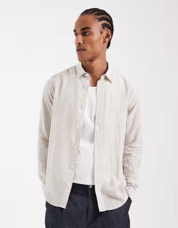 オンリーアンドサンズ メンズ トップス シャツ リネン ONLY SONS linen mix long sleeve shirt stripes Chinchilla ベージュ
