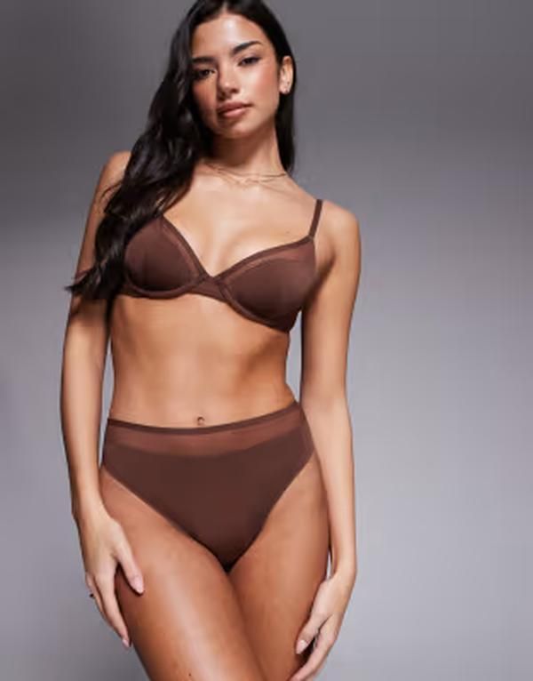 エイソス レディース アンダーウェア ブリーフパンツ ハイウエスト メッシュ ASOS DESIGN Ella microfiber high leg high waisthong with mesh detailing in chocolate Choc チ