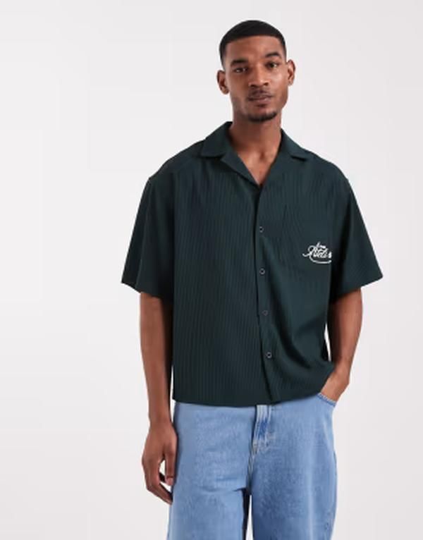 エイソス メンズ トップス シャツ リブ ASOS DESIGN boxy oversized revere ribbed shirt with pocket embroidery GREEN グリーン