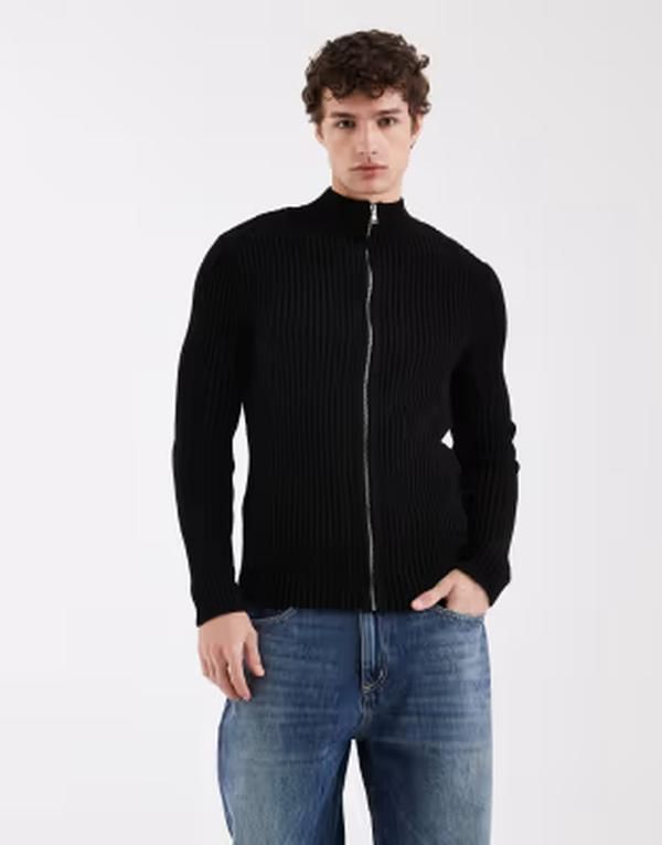 エイソス メンズ アウター カーディガン リブニット ASOS DESIGN rib knit zip up cardigan Black ブラック