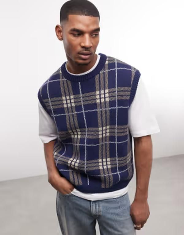 コルージョン メンズ トップス ベスト セーター ニット COLLUSION oversized knit sweater vest plaid NAVY ネイビー