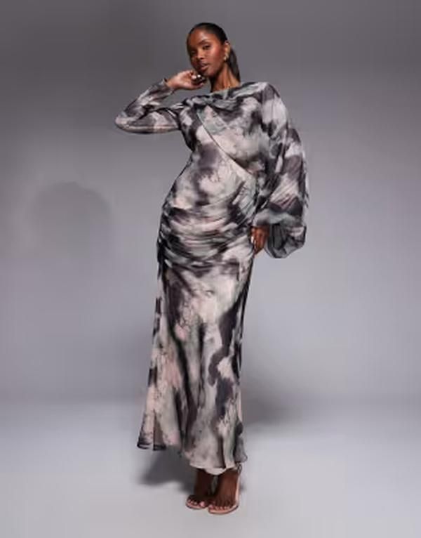 エイソス レディース トップス ワンピース ドレープリント マキシ ASOS DESIGN drape front blouson sleeve maxi dress in charcoal abstract marble print Mustard flor