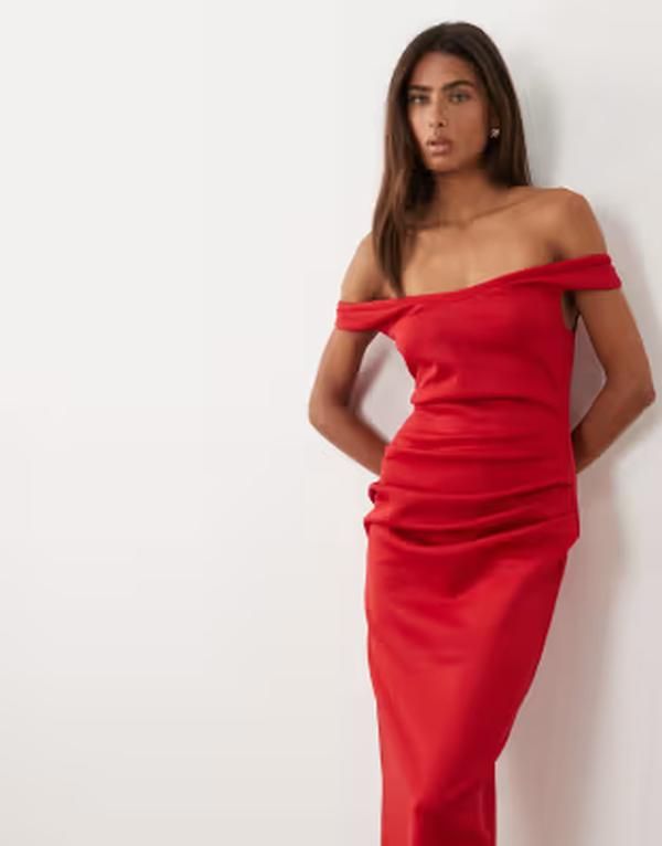 エイソス レディース トップス ワンピース ギャザー ミディ ASOS DESIGN bardot ruched midi dress Red レッド