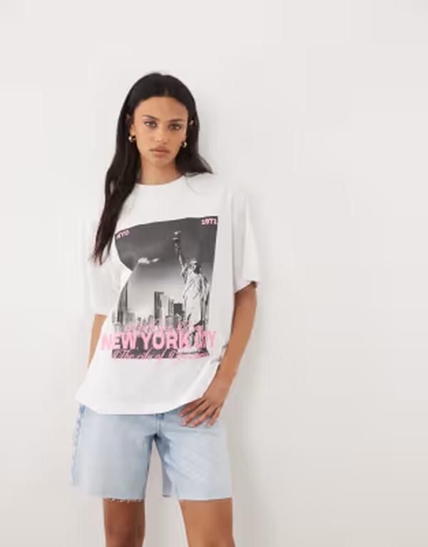 エイソス レディース トップス Tシャツ グラフィック ASOS DESIGN oversized tshirt with new york graphic and White ホワイト