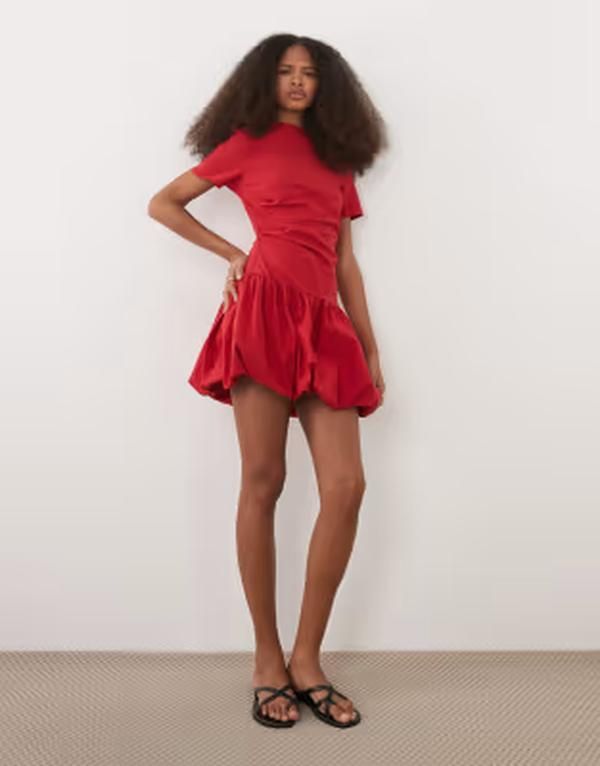 エイソス レディース トップス ワンピース ミニ ASOS DESIGN short sleeve mini dress with bubble hem RED レッド