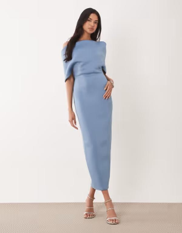エイソス レディース トップス ワンピース ケープデザイン ミディ スキューバ キャップ ケープ ASOS DESIGN deep bardot midi dress with cape back detail in slate blue scubastyle