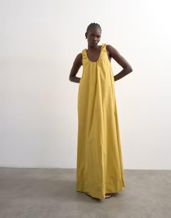 トップショップ レディース トップス ワンピース ギャザー マキシ Topshopoplin ruched neck maxi sundress in ochre Green グリーン