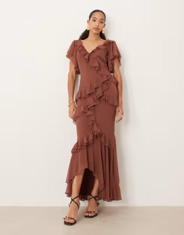 エイソス レディース トップス ワンピース アシンメトリー フリル マキシ ASOS DESIGN raw edge asymmetric ruffle maxi dress withigh low hem in light BROWN ブラウン