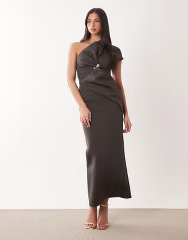 エイソス レディース トップス ワンピース アシンメトリー ミディ スキューバ ASOS DESIGN asymmetric one shoulder midi dress with trim scubastyle fabric Brown ブラウン
