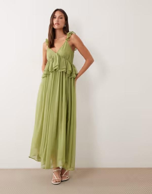 ヴィラ レディース トップス ワンピース シフォン フリル マキシ VILA ruffle strap chiffon maxi dress in deep sage セージ