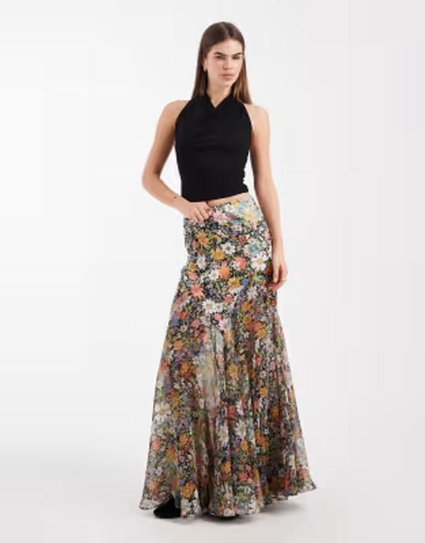 エイソス レディース ボトムスカート シフォン フラワー柄 プリント サテン フラワー ASOS DESIGN satin and chiffon mix fishtail skirt in floral print Floral Print