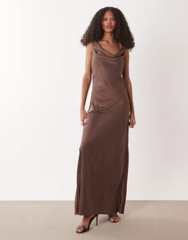 ジェイディーワイ レディース トップス ワンピース サテン マキシ JDY cowl neck satin maxi dress BROWN ブラウン