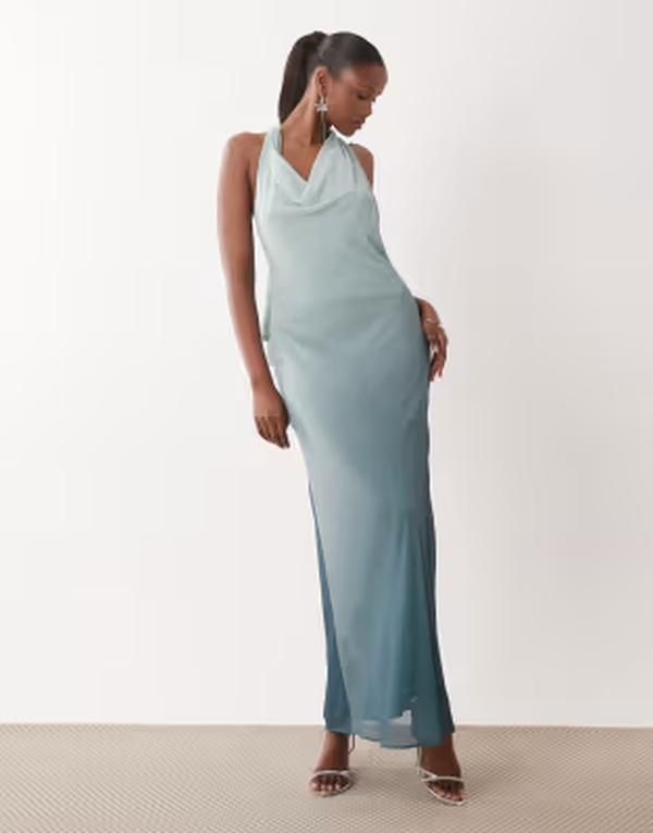 ティエフエヌシー レディース トップス ワンピース シフォン マキシ ホルター TFNC Bridesmaids halter neck chiffon maxi dress in aqua ombre AQUA OMBRE アクア