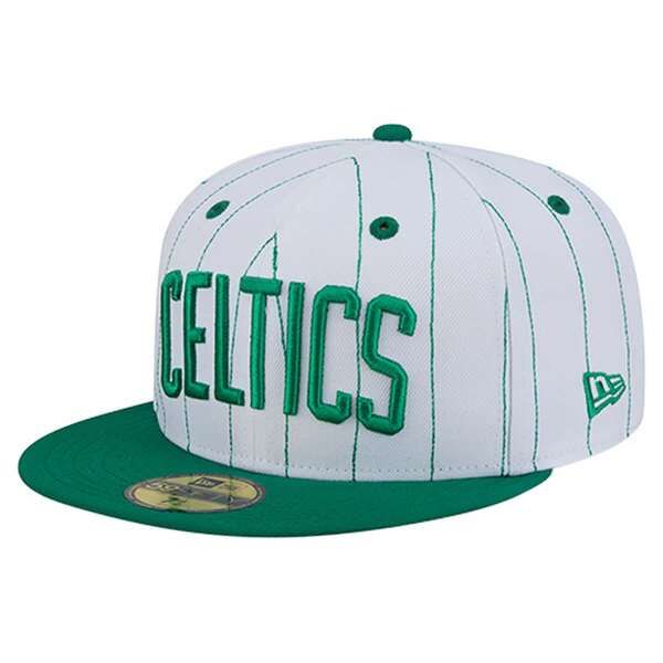 ニューエラ メンズ アクセサリー 帽子 Mens New Era White Boston Celtics Wordmark Pinstripe 59FIFTY Fitted Hat White ホワイト
