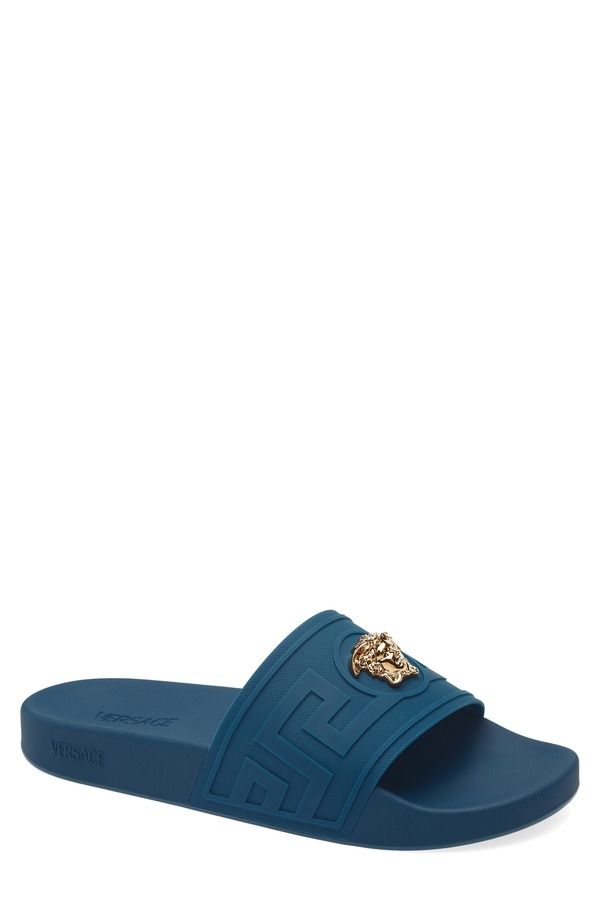 ヴェルサーチ メンズ シューズ サンダル Versace La Medusa Slide Sandal Petrol Blue Gold ブルー